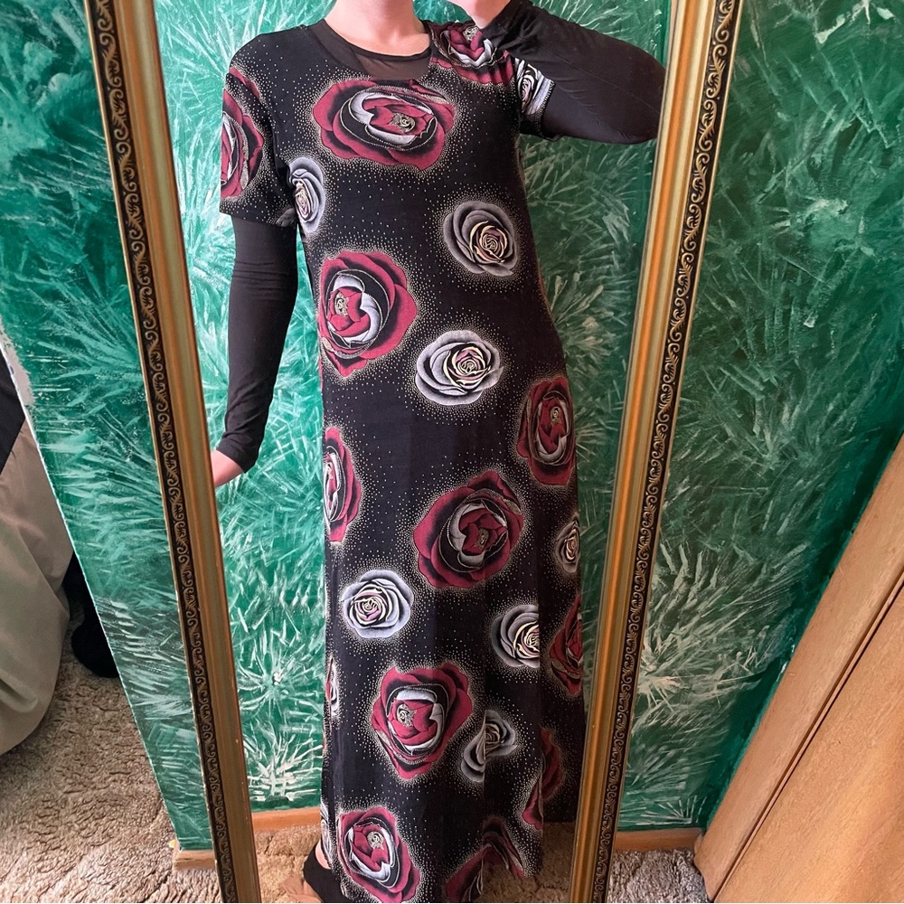 Fashion Code Rose Print Black Dress—- stretchy!!